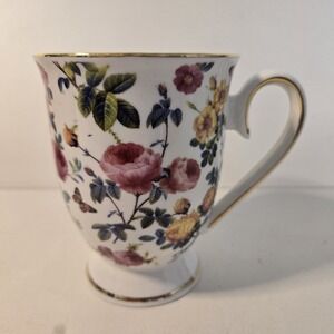 Grace TeaWare Cabbage Rose Fine China Gold Trim Flower Footed Mug Cup Coffee
